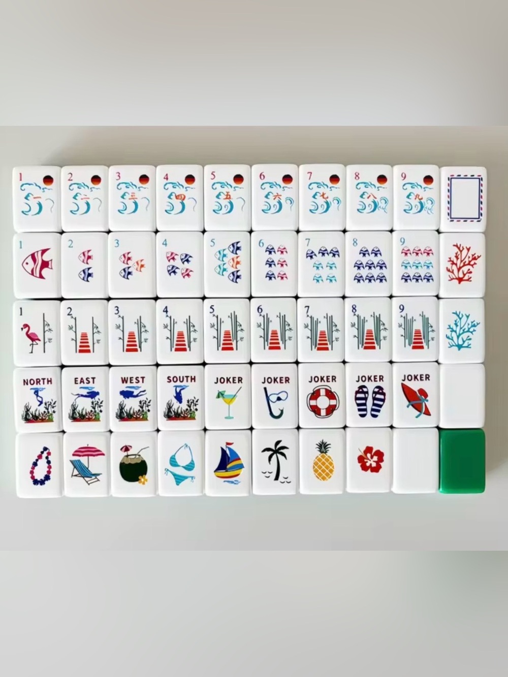 Mahjong Tile Set with Sea Green backs and dice. Summer by the Sea beach